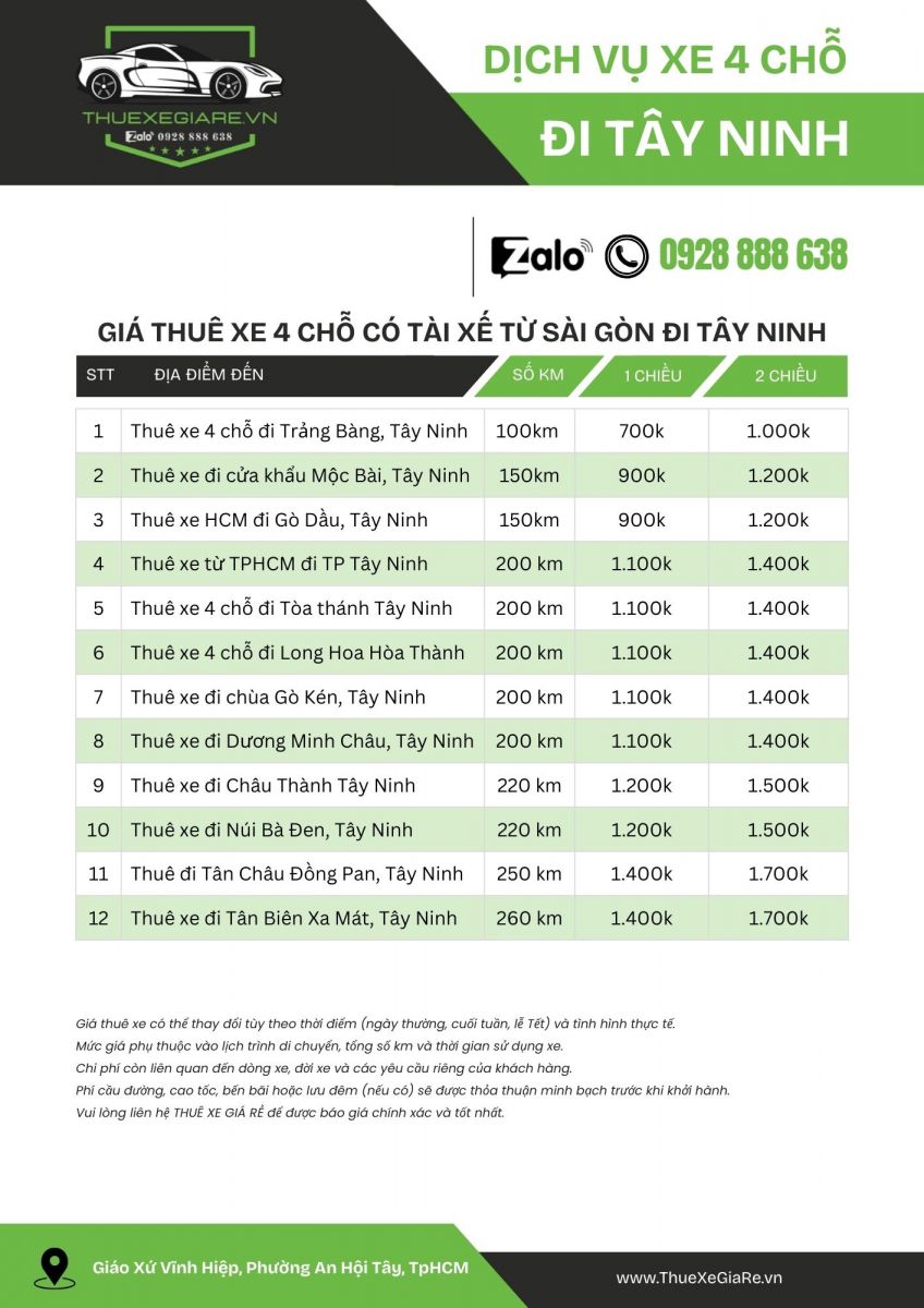 Bảng giá thuê xe 4 chỗ có tài xế từ TpHCM đi Tây Ninh