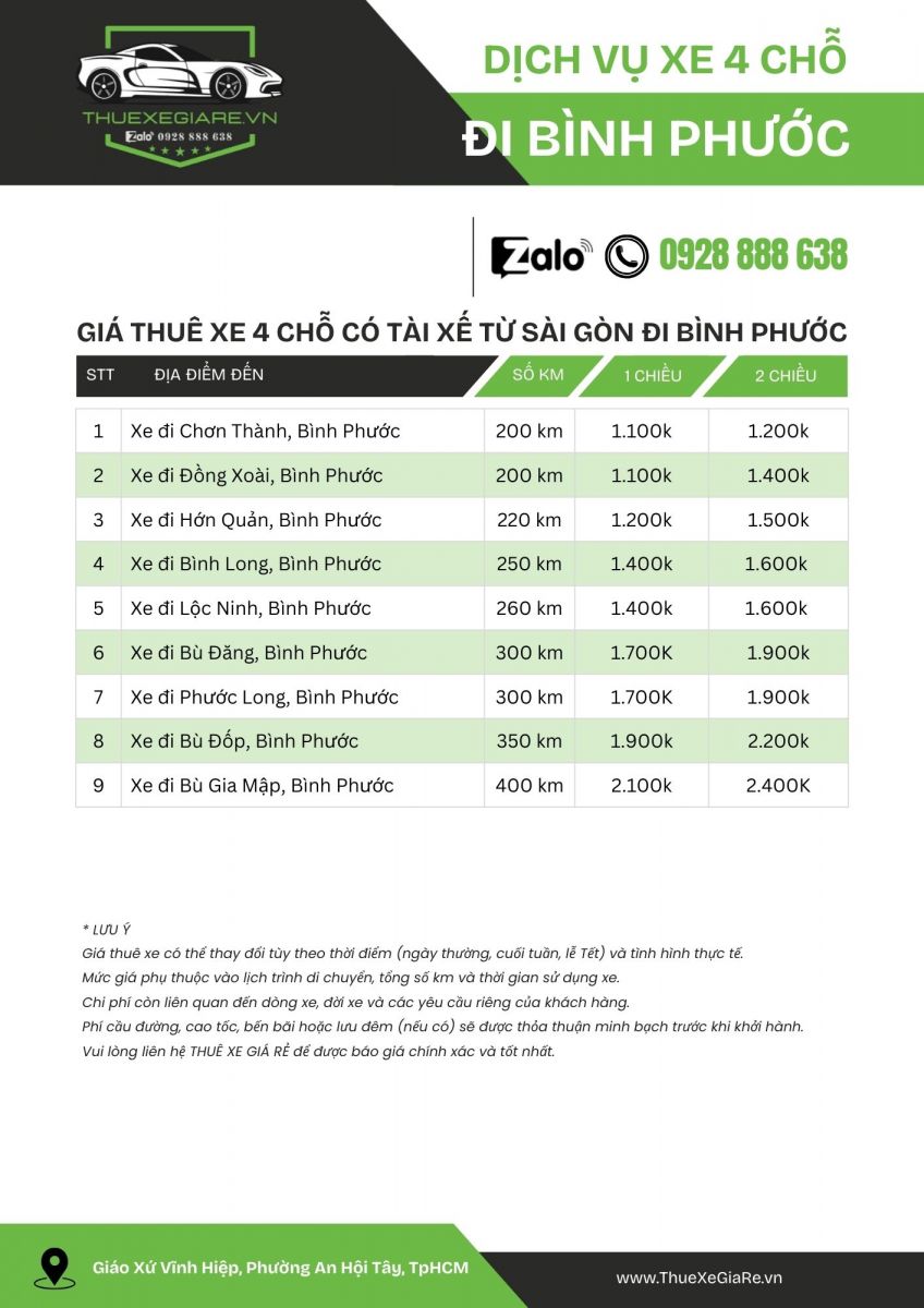 Bảng giá thuê xe 4 chỗ có tài xế từ TpHCM đi Bình Phước